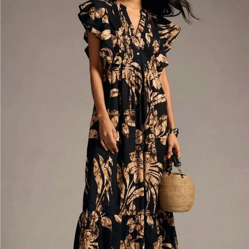 Anthropology Maeve Black Tan Leaf Print Dress maxi